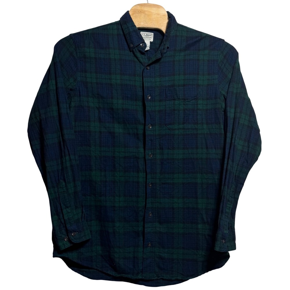 LL Bean Mens Large Tall Black Watch Plaid Cotton Flannel Shirt Slightly Fitted